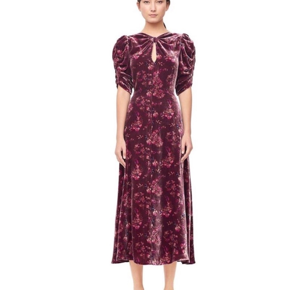 Rebecca Taylor Silk Blend Floral Velvet Midi Dress Purple Puff Sleeve Size 6